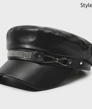 Klassieke Zwarte PU Lederen Baret met Vizier - Retro Stijl Pet voor Dames