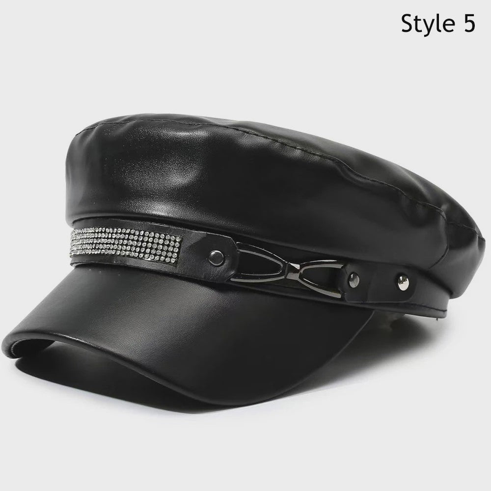 Klassieke Zwarte PU Lederen Baret met Vizier - Retro Stijl Pet voor Dames