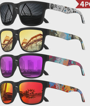 4-delige Set Vierkante Sportzonnebrillen met Designer Tempelpatroon - UV400 Bescherming