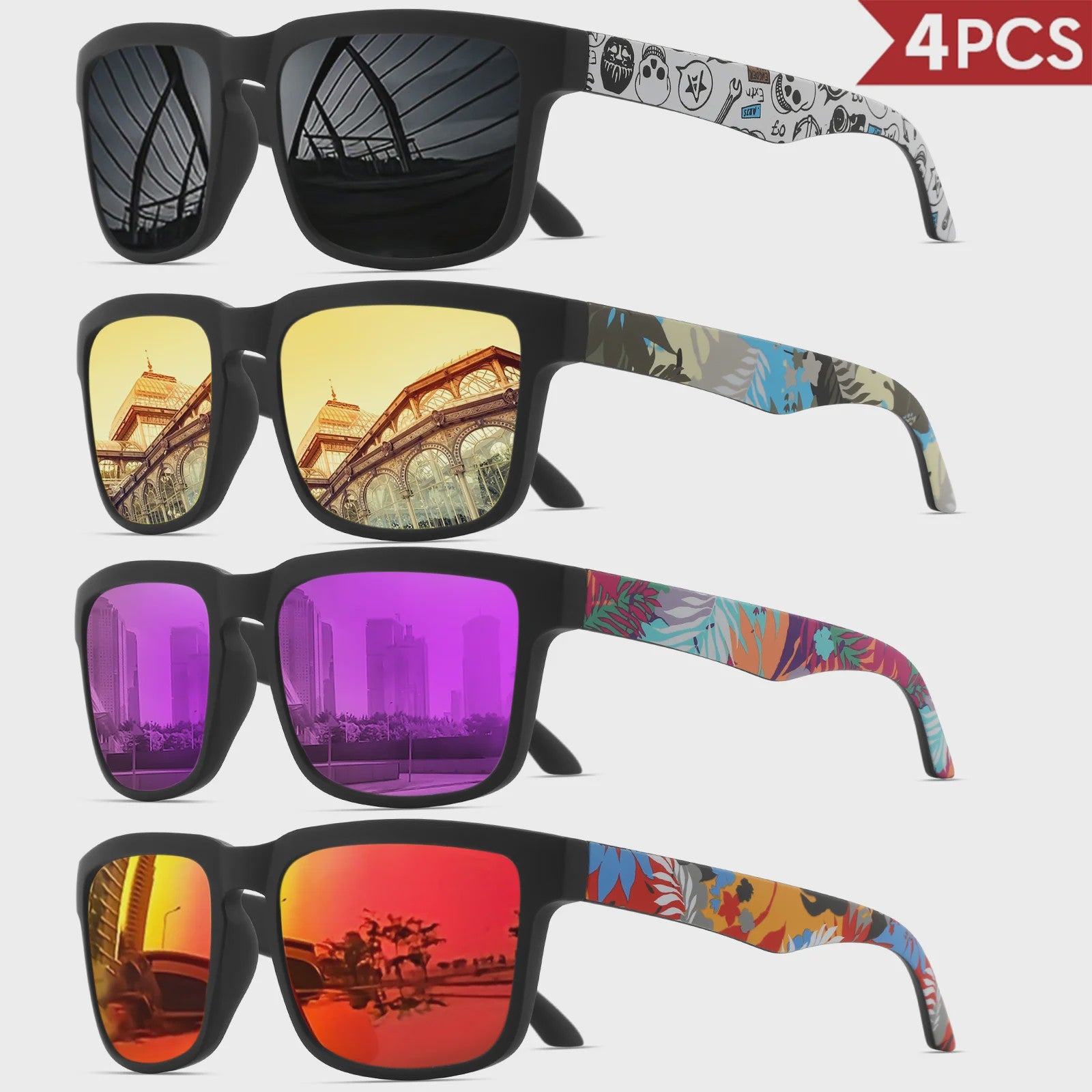4-delige Set Vierkante Sportzonnebrillen met Designer Tempelpatroon - UV400 Bescherming