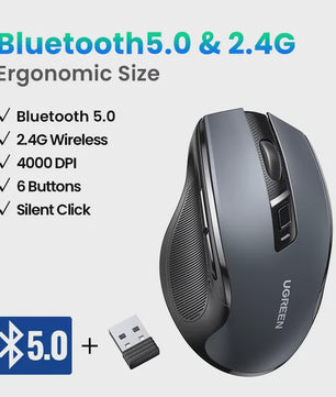 UGREEN Ergonomische Draadloze Muis: Bluetooth 5.0 & 2.4G, 4000 DPI, Stille Knoppen