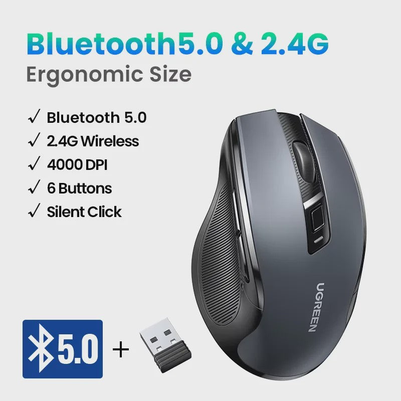 UGREEN Ergonomische Draadloze Muis: Bluetooth 5.0 & 2.4G, 4000 DPI, Stille Knoppen