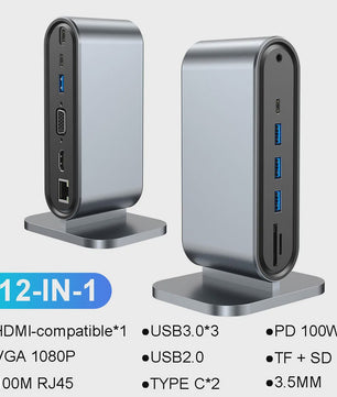 USB-C Docking Station 100W PD, 4K HDMI, VGA, RJ45, USB 3.0 Hub & SD/TF Kaartlezer