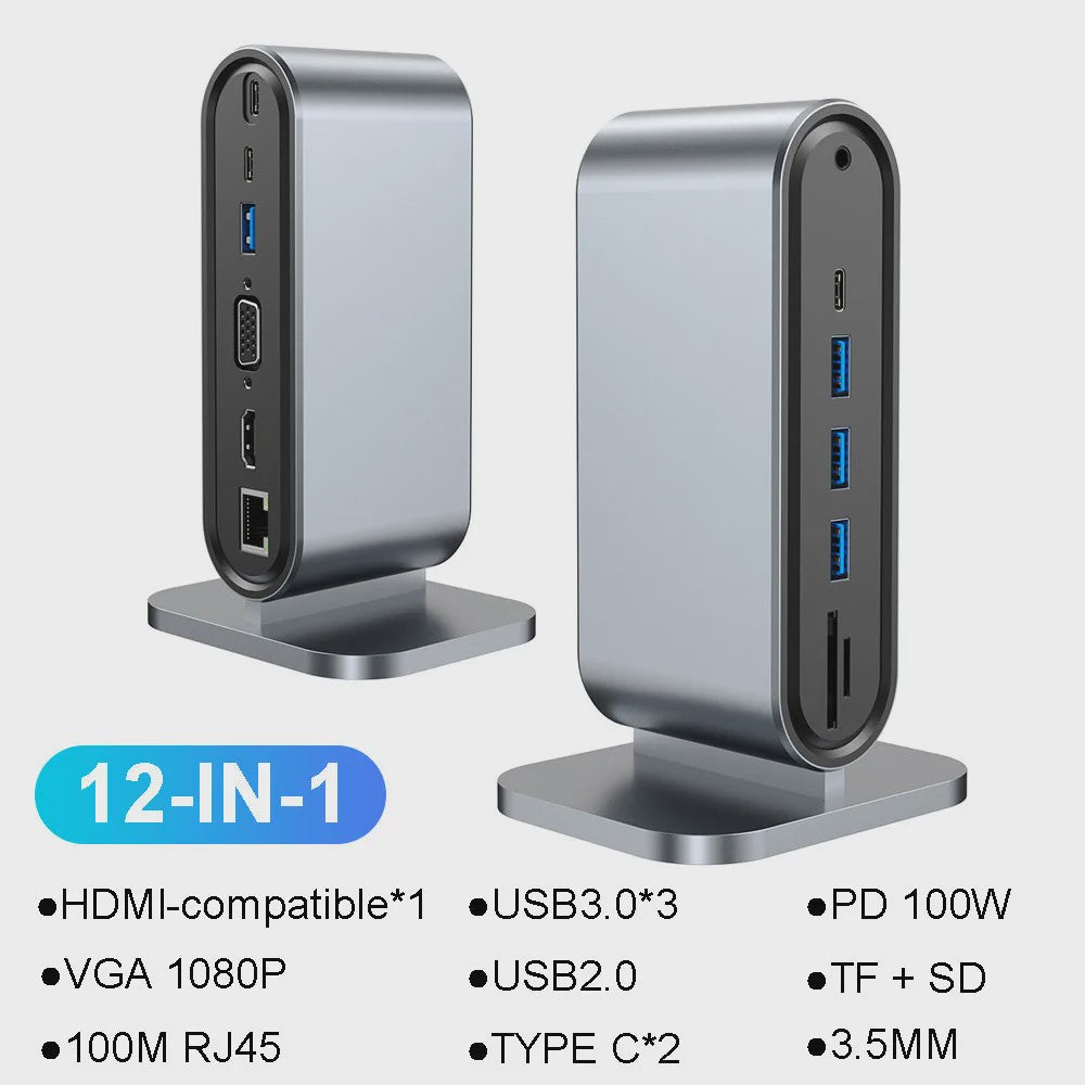 USB-C Docking Station 100W PD, 4K HDMI, VGA, RJ45, USB 3.0 Hub & SD/TF Kaartlezer