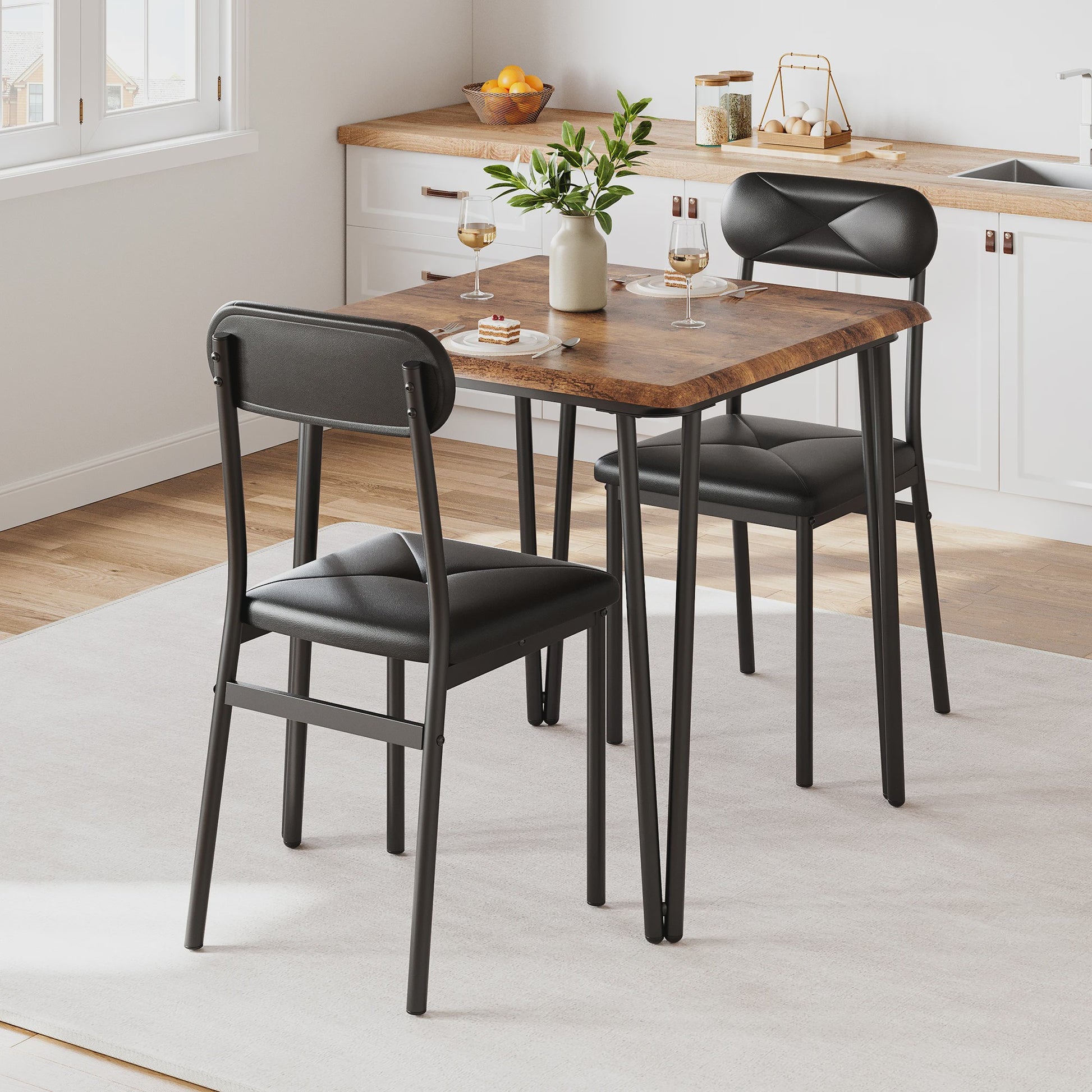 Compact Houten Eettafel voor 2 Personen met Gestoffeerde Stoelen - Ruimtebesparend & Modern