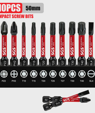 50mm Magnetische Schroefbit Set (10-delig) - S2 Staal - 1/4" Hex Shank