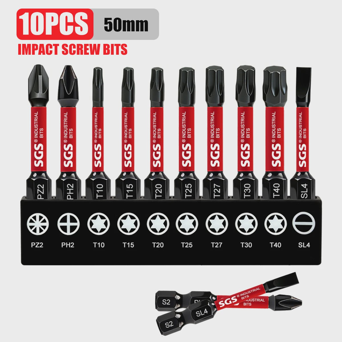50mm Magnetische Schroefbit Set (10-delig) - S2 Staal - 1/4" Hex Shank