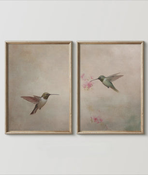 Set van 2 Frameloze Retro Kolibrie Canvas Posters - Landelijke Stijl Wanddecoratie