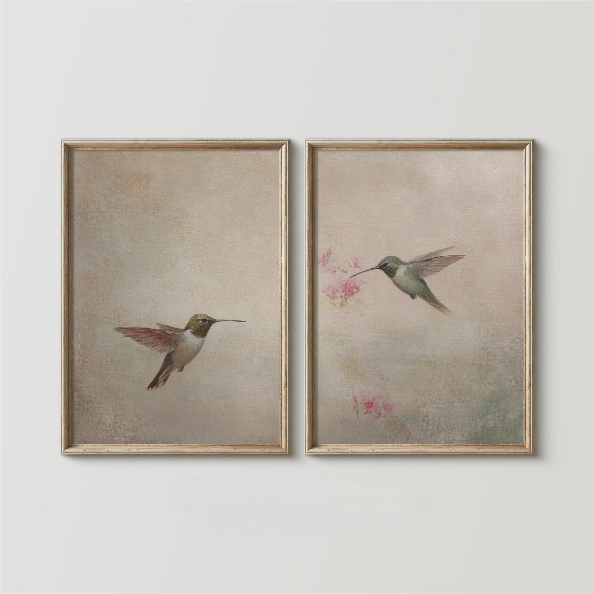 Set van 2 Frameloze Retro Kolibrie Canvas Posters - Landelijke Stijl Wanddecoratie