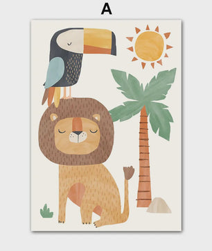 Boho Jungle Safari Dieren Canvas Muurdecoratie - Leeuw, Olifant, Luipaard & Regenboog Posters voor Kinderkamer