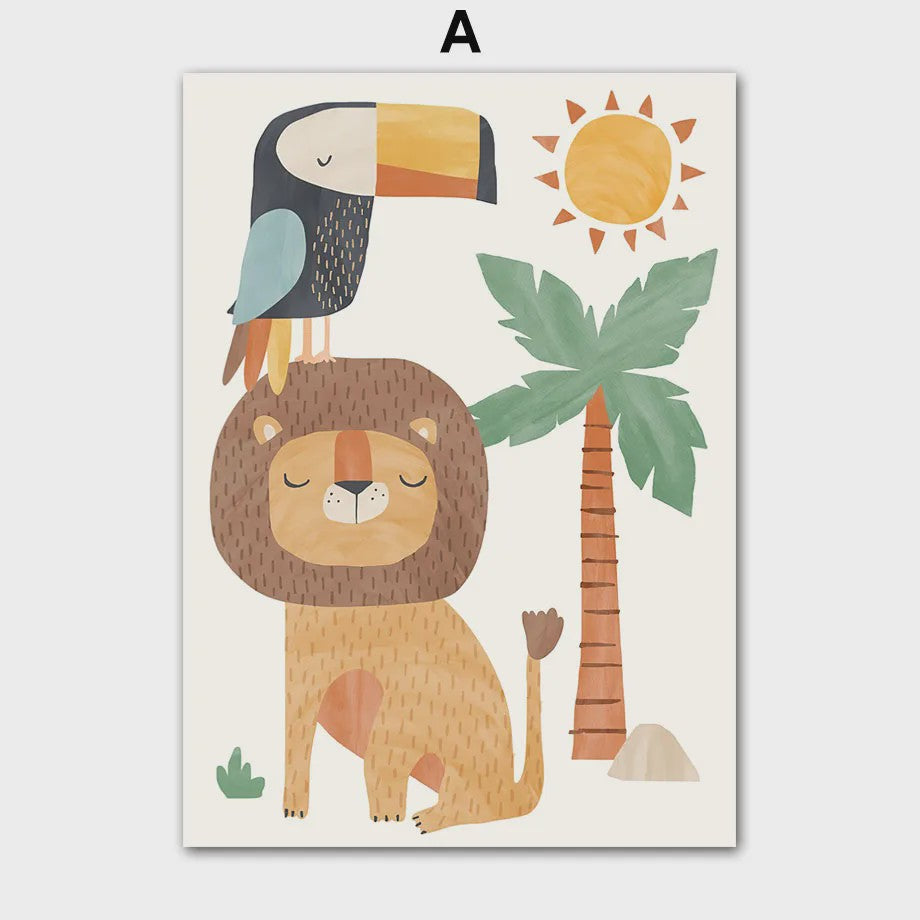 Boho Jungle Safari Dieren Canvas Muurdecoratie - Leeuw, Olifant, Luipaard & Regenboog Posters voor Kinderkamer