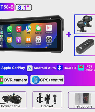 Jansite 8.1" Motorfiets GPS Navigatie met 4K DVR, CarPlay & Android Auto