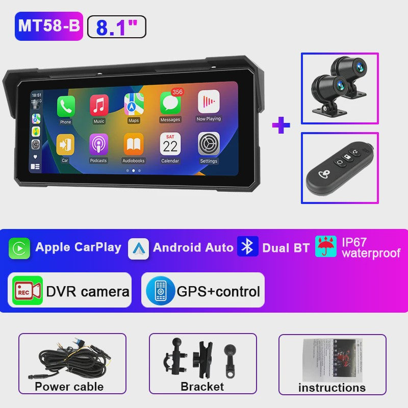 Jansite 8.1" Motorfiets GPS Navigatie met 4K DVR, CarPlay & Android Auto