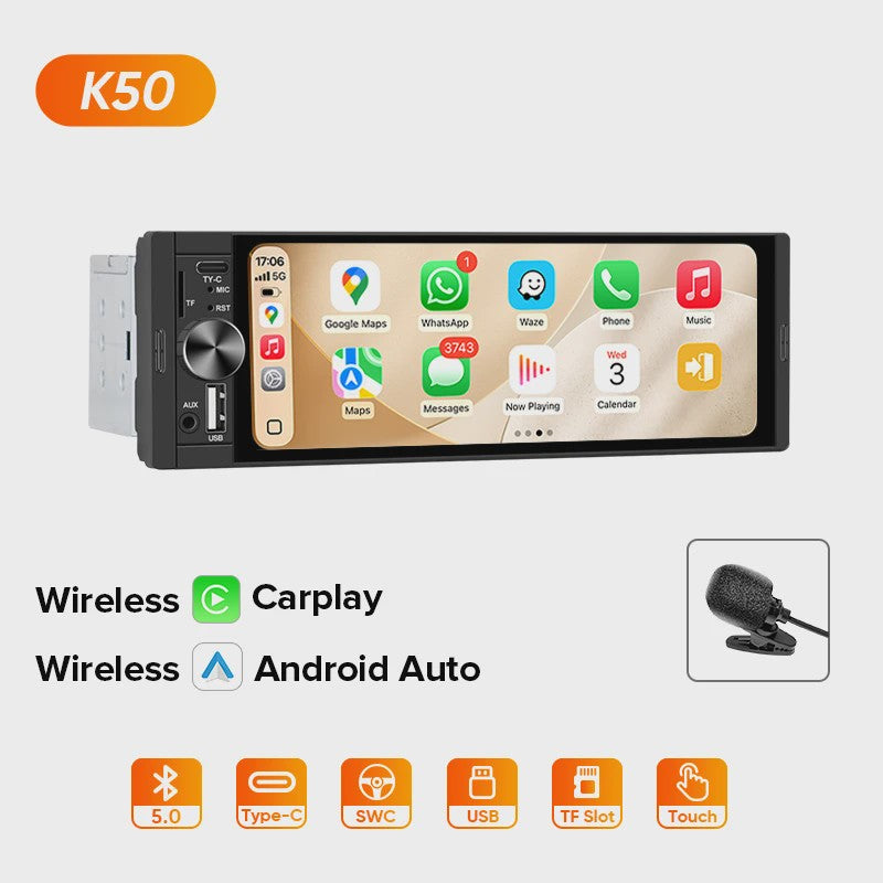 AINAVI 1 DIN Universele Autoradio met 6.36" HD IPS Touchscreen, Wireless CarPlay & Android Auto, Bluetooth 5.0