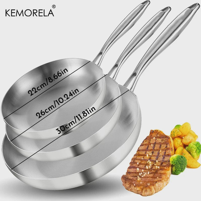 Set van 3 RVS Koekenpannen & Wokpannen (22-28 cm) - 5-laags Staal, 2mm Dik