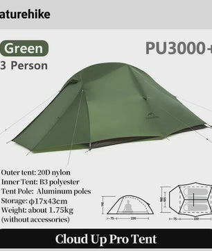 Naturehike Cloud Up PRO 3-Persoons Tent - Ultralicht & Waterdicht voor Outdoor Avonturen