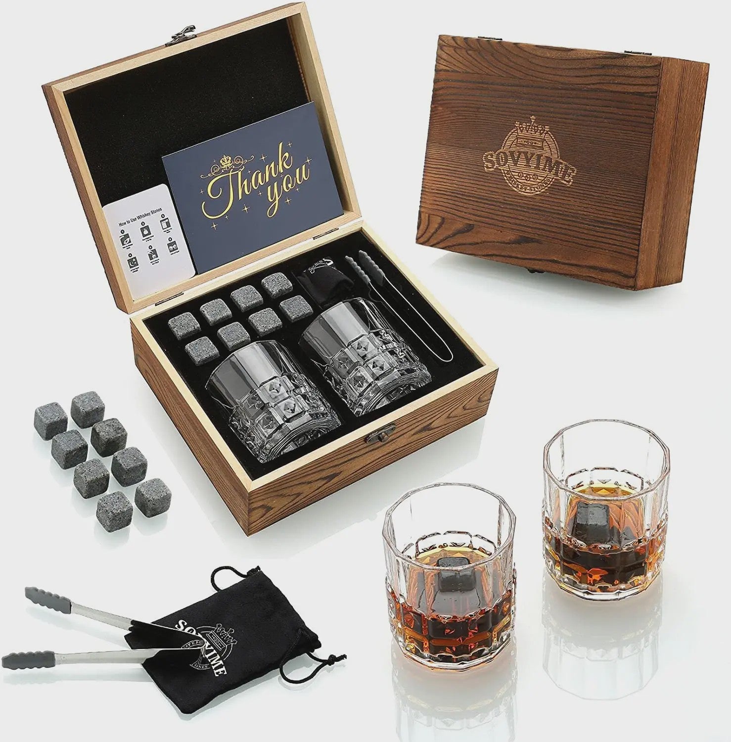 Luxe Whiskey Set met Glazen en Granieten Stenen - Houten Cadeaubox