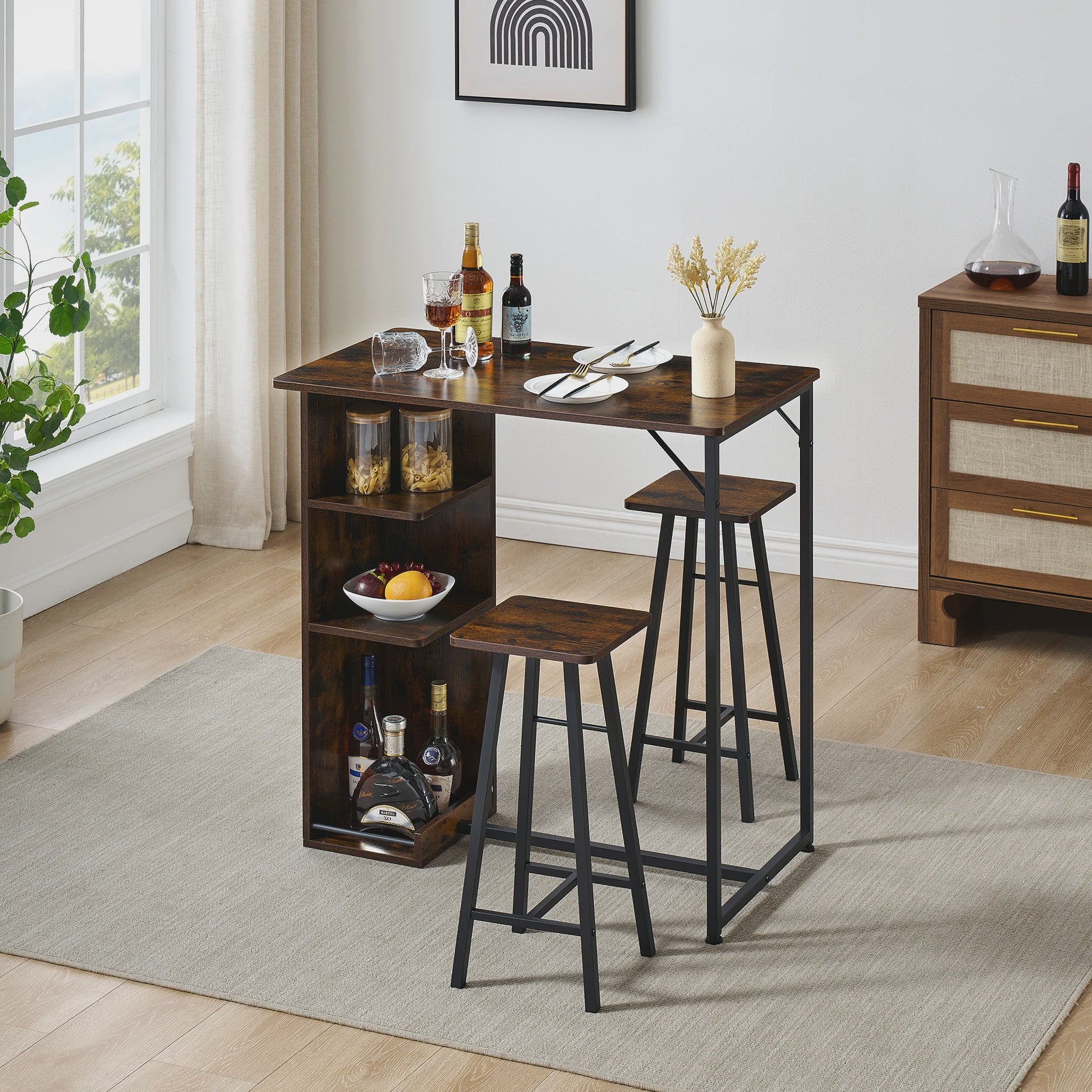3-delige Bartafel Set met 2 Krukken en Opbergruimte - Compact Keukenmeubel