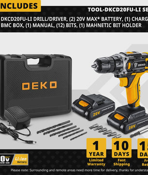 DEKO Accuboormachine 12V/16V/20V - Krachtige Draadloze Elektrische Schroefmachine voor Doe-het-zelf Klussen