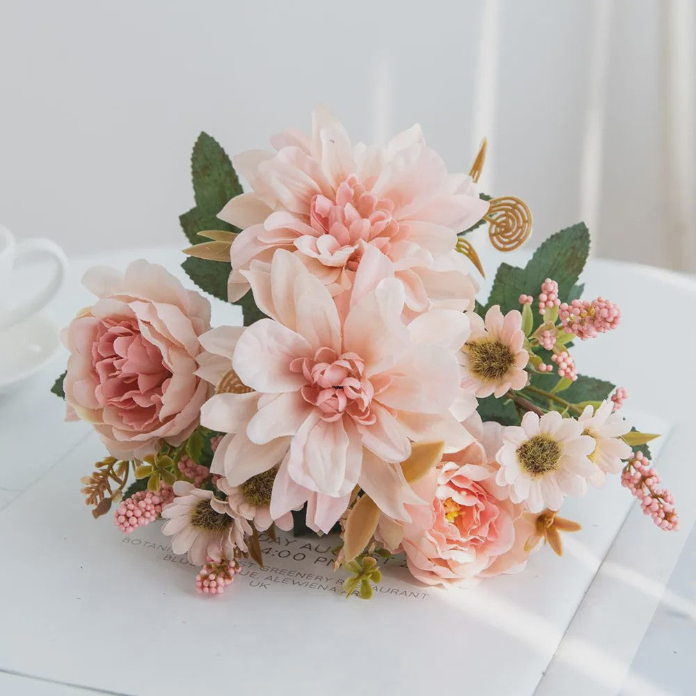 Kunstboeket Dahlia Rozen Madeliefjes - Zijde Bloemen voor Feestelijke Decoratie
