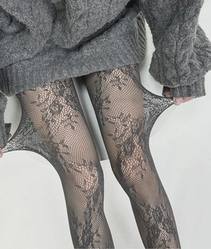 Luxe Kant & Mesh Pantyhose met Bloemendessin - Sexy & Modieus