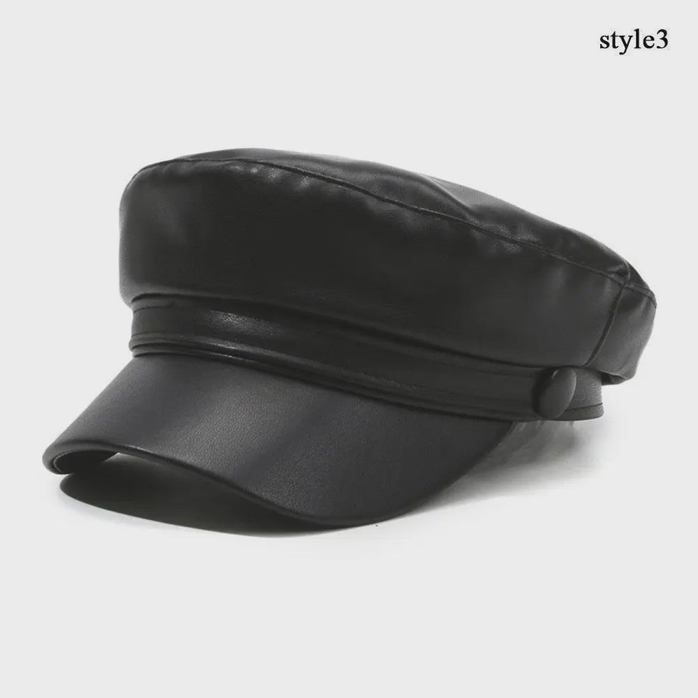 Klassieke Zwarte PU Lederen Baret met Vizier - Retro Stijl Pet voor Dames