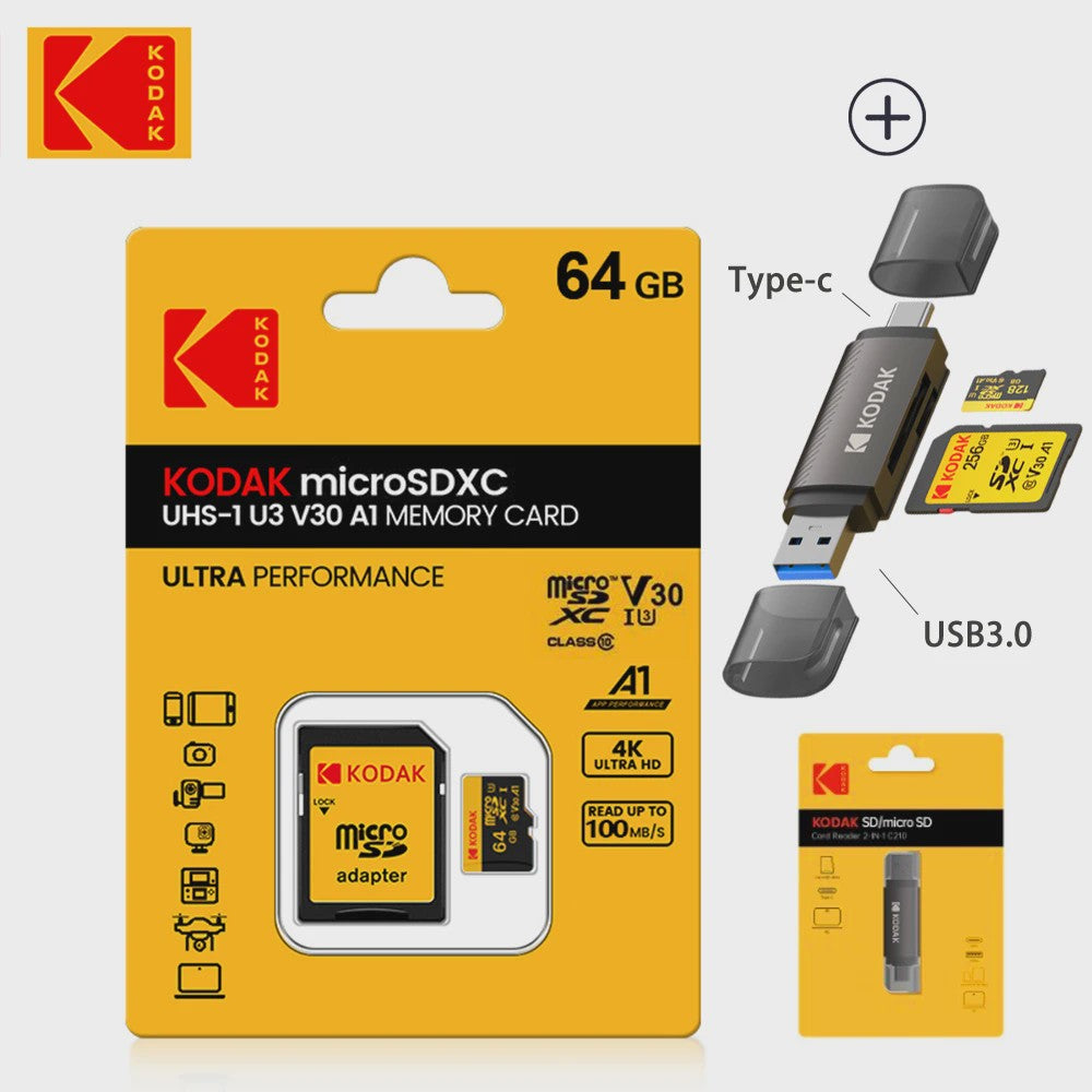 KODAK Micro SD Kaart 16GB - 256GB | Class 10 U3 4K | TF Kaart voor Drone & Telefoon