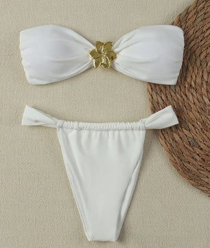 Dames Push-Up Bandeau Bikini Set met Braziliaanse Thong en Goudkleurige Ring Detail
