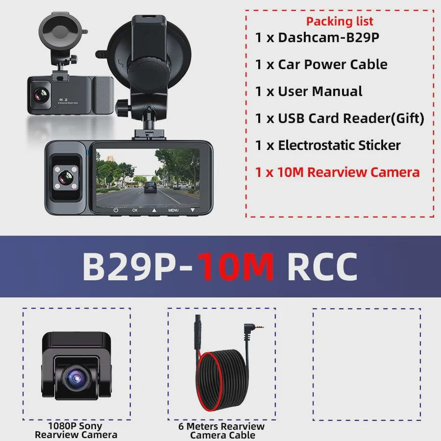 4K 3-Kanaals Dashcam met Infrarood Interne Camera, WIFI, GPS & Parkeermodus - 3'' LCD