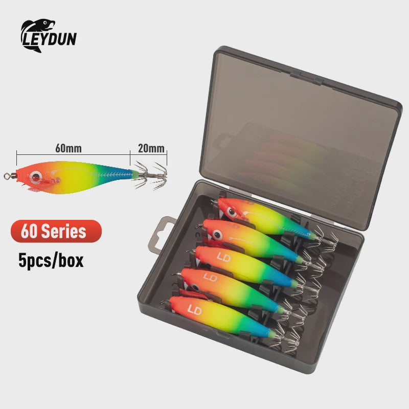 LEYDUN Luminous Vis Lokaas Set - 5 Stuks Houten Garnalen Kunstaas voor Inktvis & Octopus