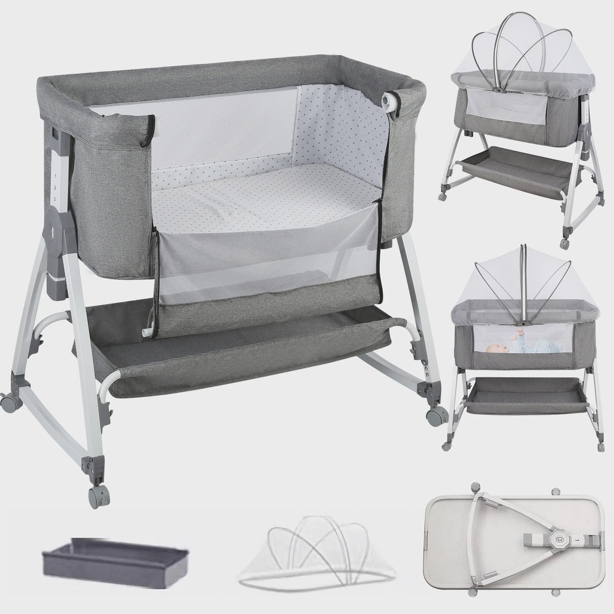 Baby Co-sleeper Wieg 2-in-1 met Wielen, 6 Hoogte-instellingen en Klamboe