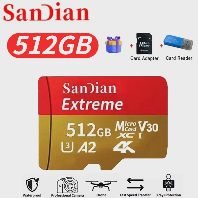SanDian Extreme Micro SDXC Kaart - V30, Class 10, A2 - Hoge Capaciteit voor Telefoon, Camera, Drone