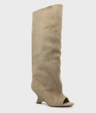 Dames Laarzen met Peep-toe, Hoge Schuine Hak en Kniehoge Schacht - Zomer/Lente Collectie