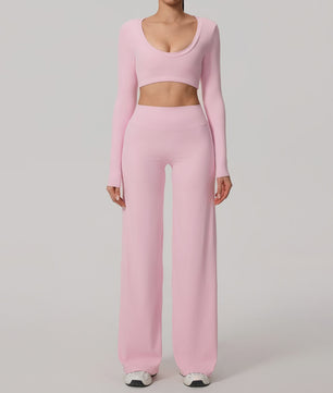 Dames Sportset: Sneldrogende Yoga Top met U-hals en Bell-Bottoms
