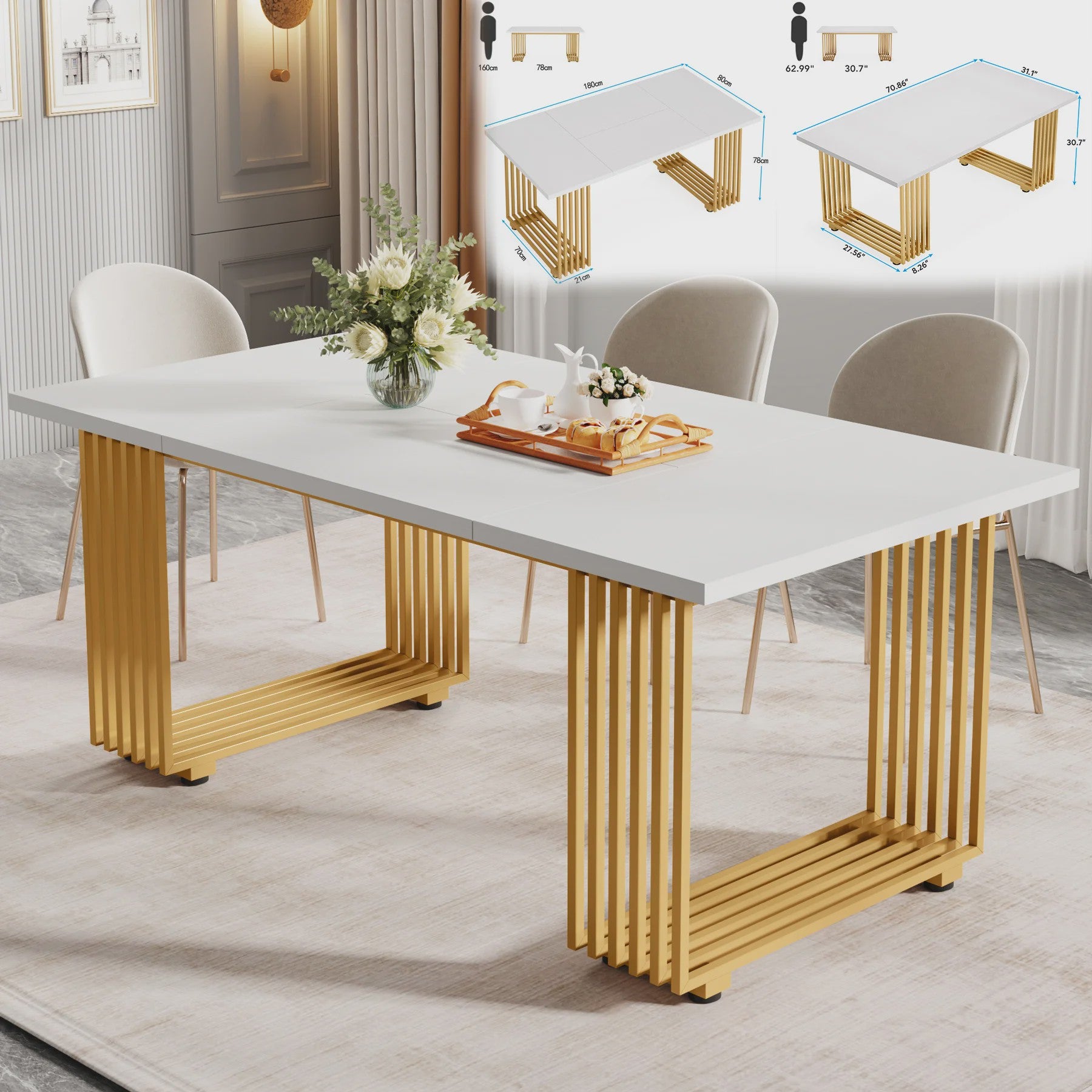 Moderne Marmerlook Eettafel voor 4-6 Personen - Stijlvol Wit Design (160cm)