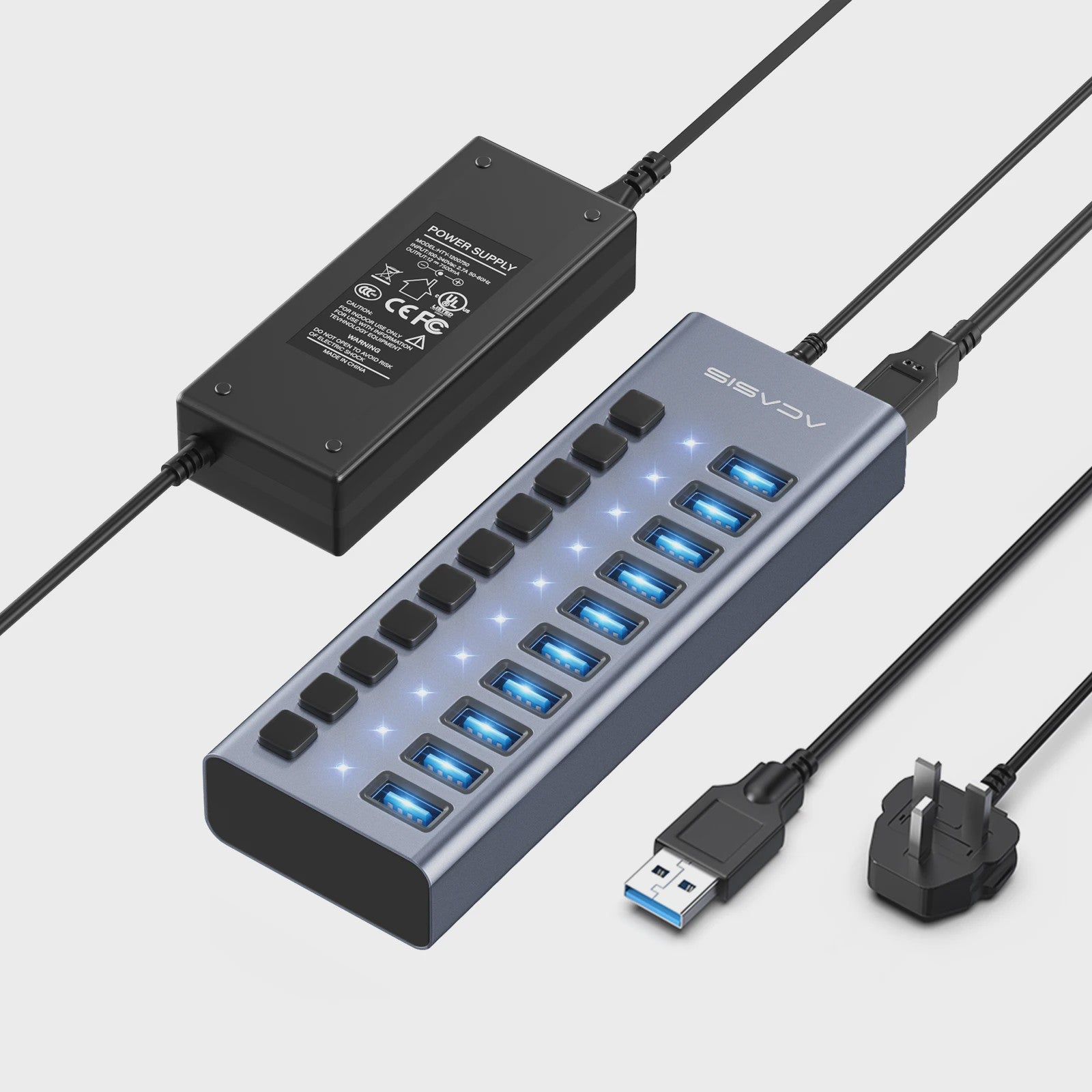 Acasis 16-Poorts USB Hub 10Gbps met Individuele Schakelaars & Snelle Data Transfer