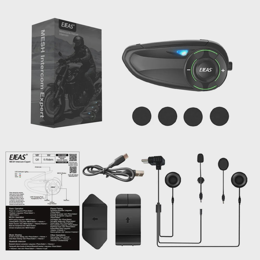 EJEAS Q8 Motorhelm Intercom Systeem - Bluetooth 5.1 Mesh 3.0, APP Bediening