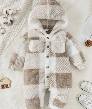 Warme Pluche Baby Romper met Capuchon - Geruit Jumpsuit voor Peuters (3-24 maanden)
