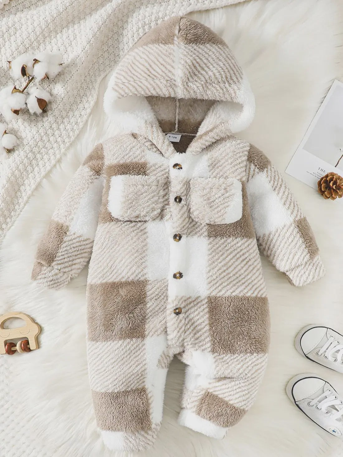 Warme Pluche Baby Romper met Capuchon - Geruit Jumpsuit voor Peuters (3-24 maanden)