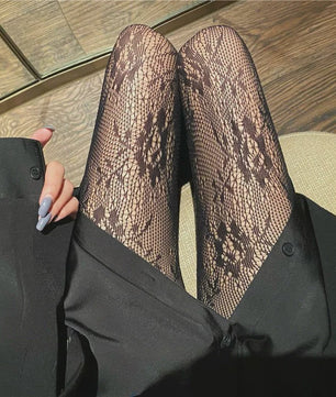 Luxe Lolita Pantyhose met Bloemig Kant en Mesh - Retro Stijl