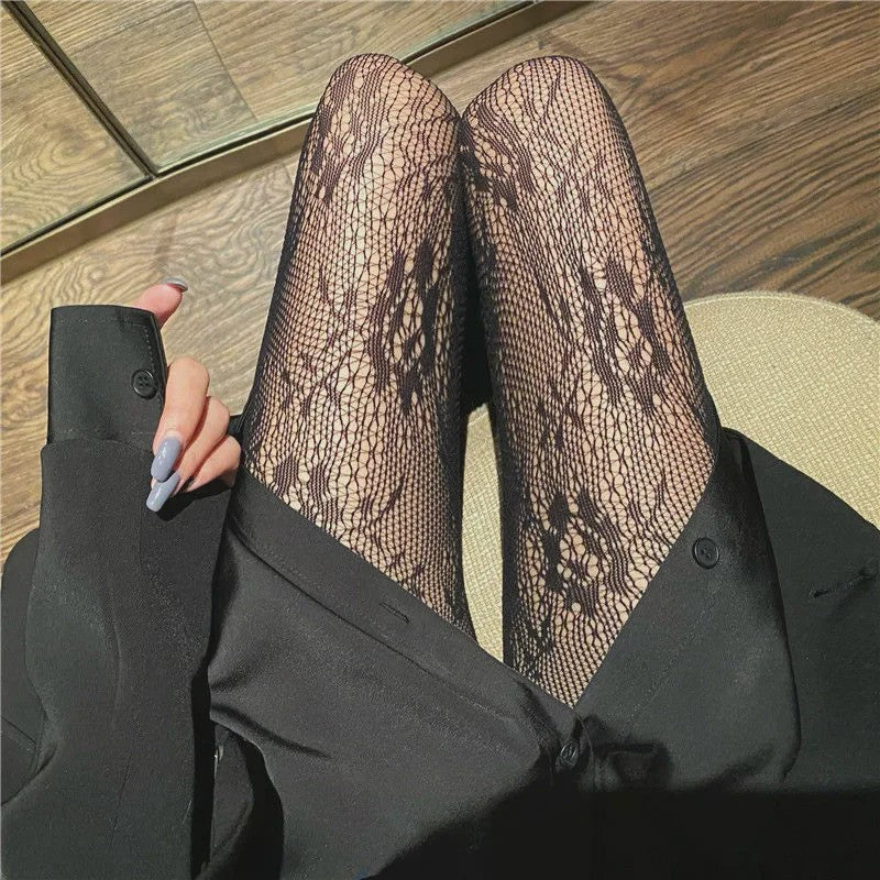 Luxe Lolita Pantyhose met Bloemig Kant en Mesh - Retro Stijl