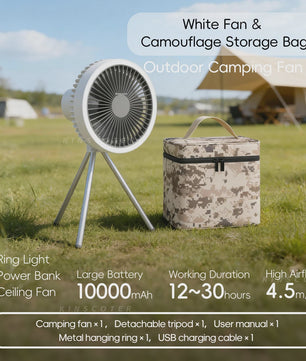 Draagbare Camping Ventilator met 10000mAh Batterij, LED Verlichting & Powerbank Functie