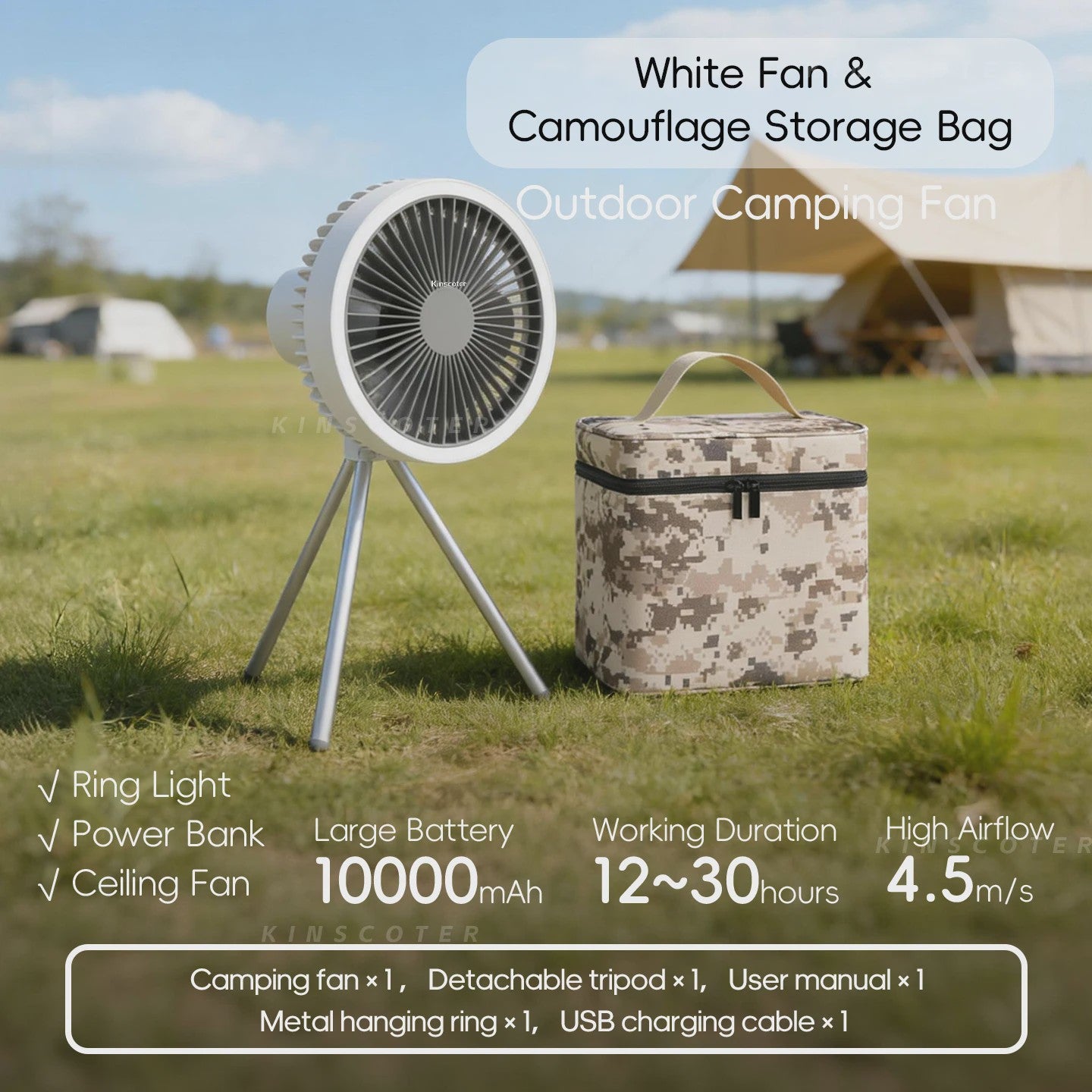 Draagbare Camping Ventilator met 10000mAh Batterij, LED Verlichting & Powerbank Functie