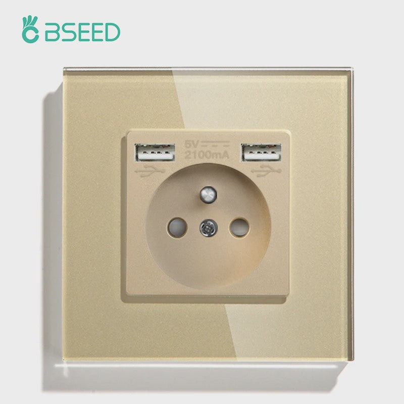BSEED Wandcontactdoos met Dubbele USB & Type-C Poorten - Stijlvol Glazen Frame