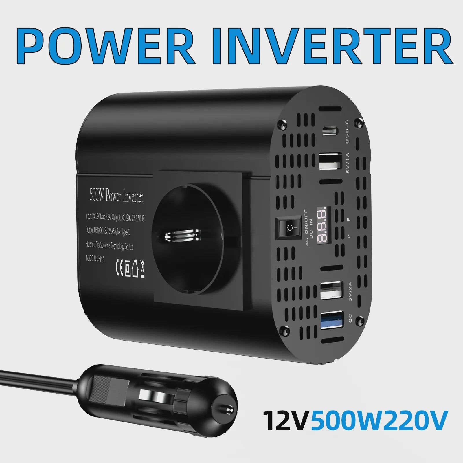 Krachtige 400W/500W/1500W Auto Omvormer: DC 12V naar AC 220V met 3x USB 2.0 en 1x USB QC3.0