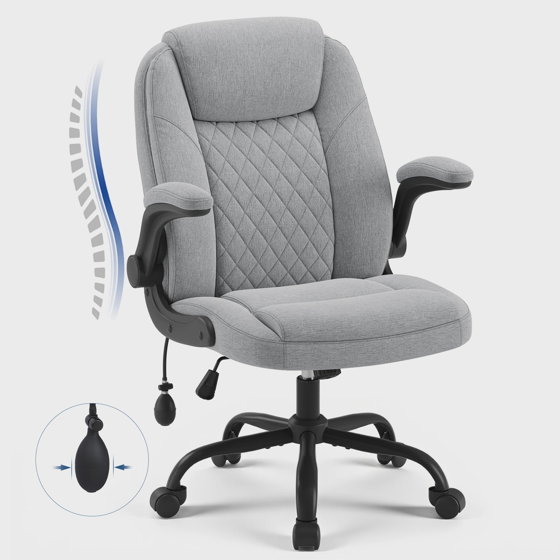 Luxe Zwarte Lederen Bureaustoel met Verstelbare Lendesteun, Dikke Vulling & Opklapbare Armleuningen – Ergonomisch voor Kantoor en Gaming
