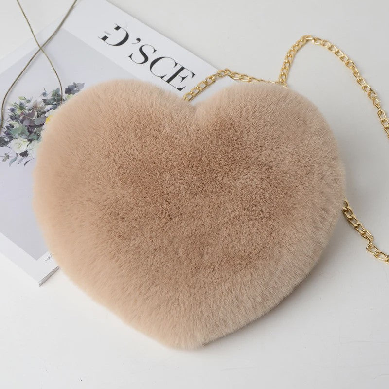 Schattige Hartvormige Pluche Schoudertas met Ketting - Dames Crossbody Tas