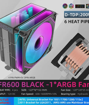 Metalfish FR600 CPU Air Cooler: 6 Heatpipes, ARGB PWM 12cm Fan, 153mm Hoogte