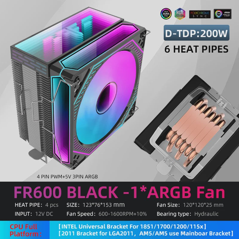 Metalfish FR600 CPU Air Cooler: 6 Heatpipes, ARGB PWM 12cm Fan, 153mm Hoogte