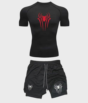 Heren Sport Set: Compressie T-shirt & Short met Spider Print